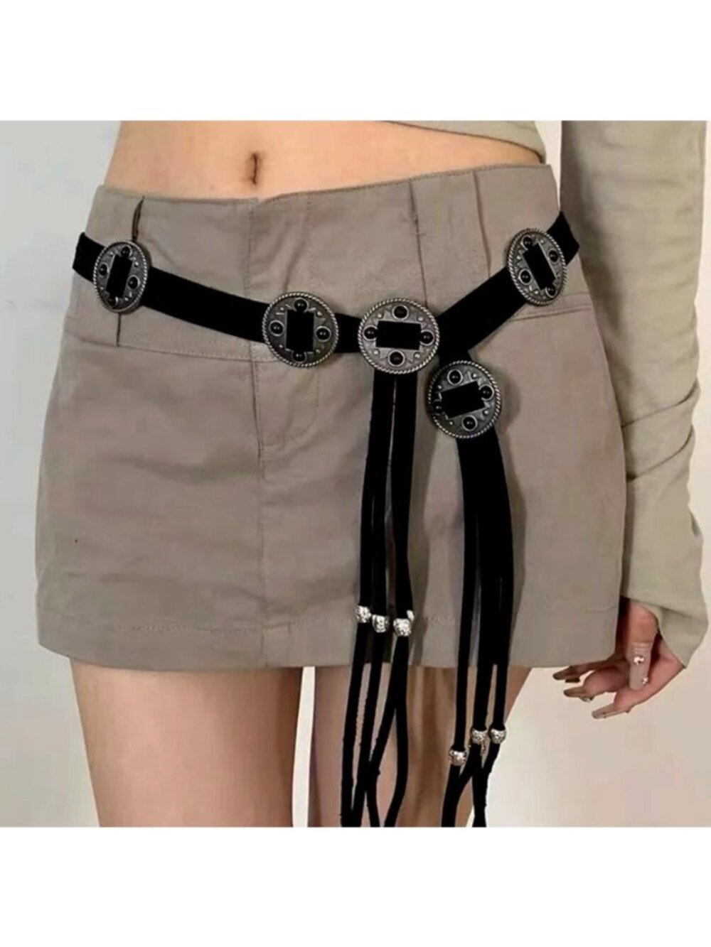 Black Bohemian Faux Leather Belt With Metal Accents & Tassels - Adjustable